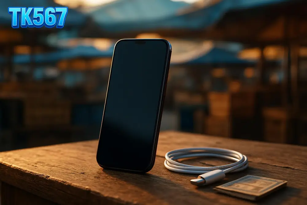 TK567 app — Smartphone with dark screen resting on a market stall counter