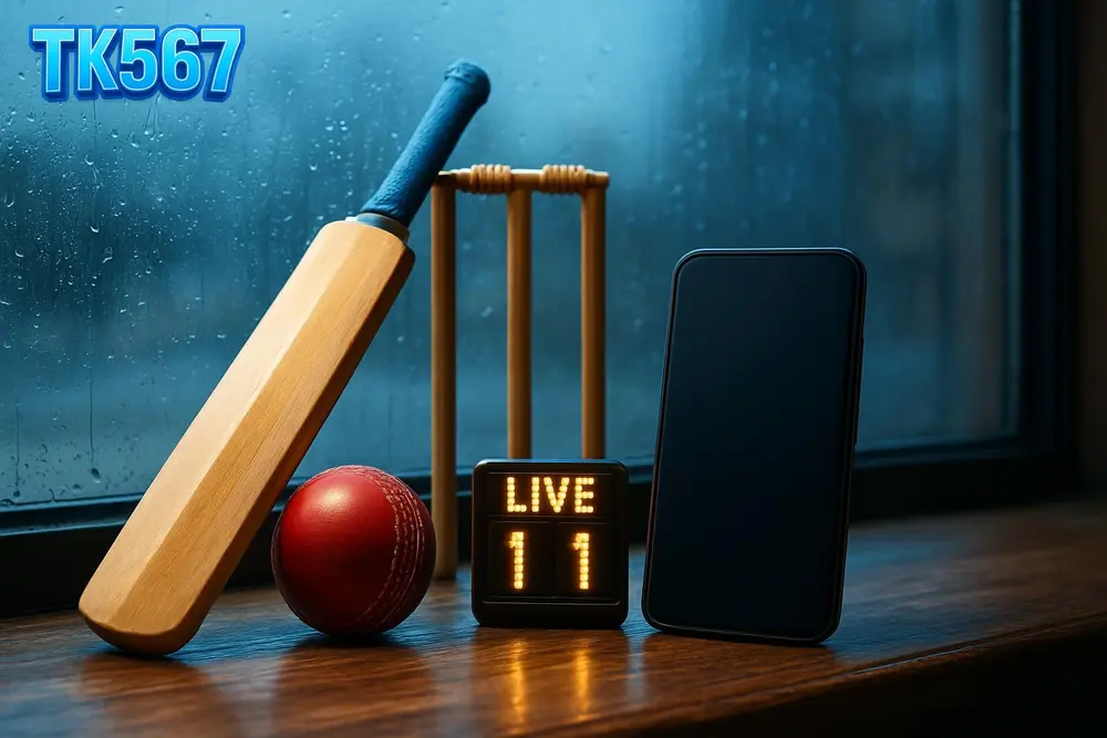 TK567 betting — Cricket bat, stumps and phone on shop counter