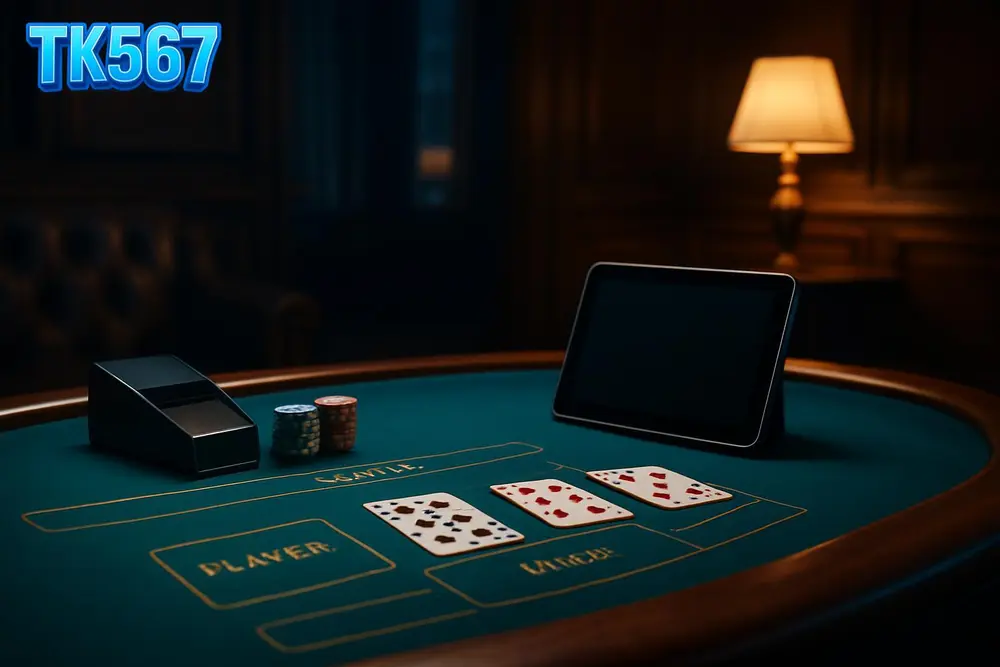 TK567 casino — Live casino table setup with cards, chips and dealer shoe