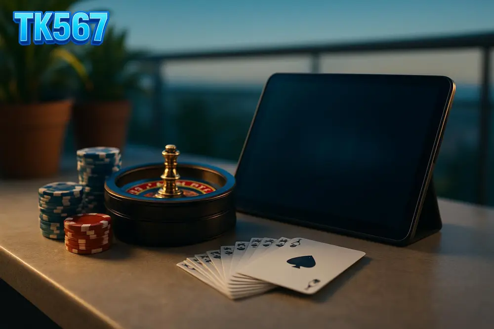 TK567 games — Casino chips, cards and dealer shoe on balcony ledge