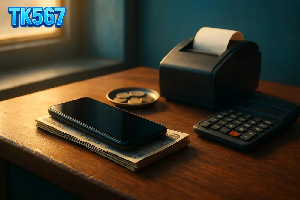 TK567 Bangladesh โ Mobile-money counter with phone resting on folded banknotes TK567 Bangladesh โ Mobile-money counter with phone resting on folded banknotes