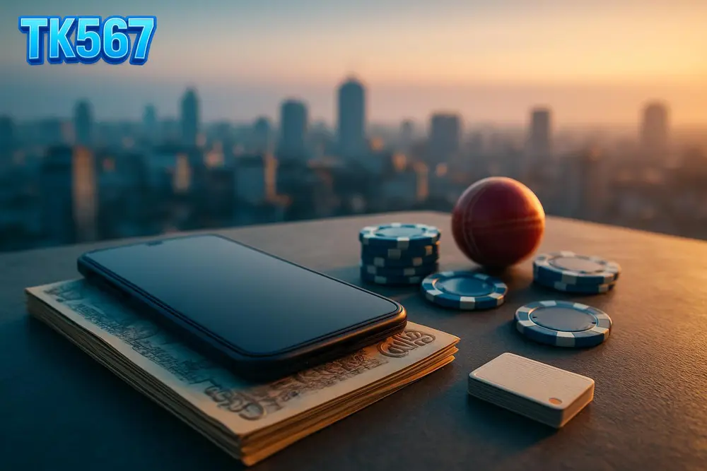 TK567 Bangladesh โ Phone, cash and casino chips on a rooftop table at dawn TK567 Bangladesh โ Phone, cash and casino chips on a rooftop table at dawn