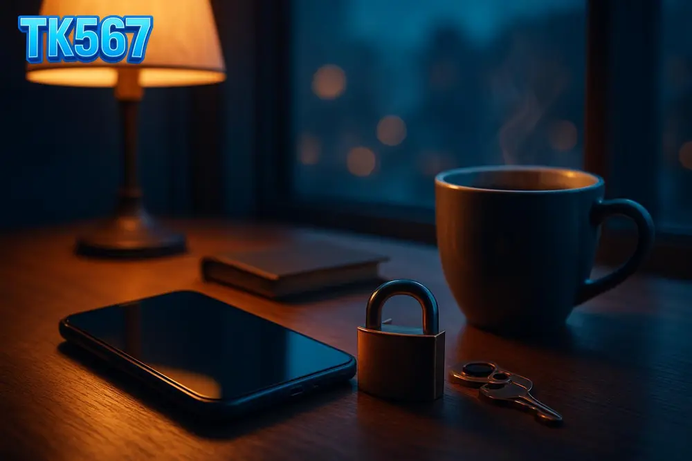 TK567 login โ Smartphone with dark screen beside padlock on cafe table TK567 login โ Smartphone with dark screen beside padlock on cafe table